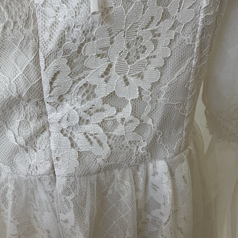 Cottagecore Ivory Lace Dress Long Slv Rosettes Regency Sz M Tulle Pleated Fairy - Picture 6 of 9